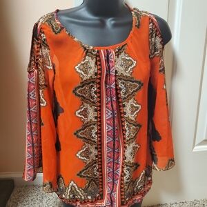 New York & Company Aztec Sheer Cold Shoulder Top